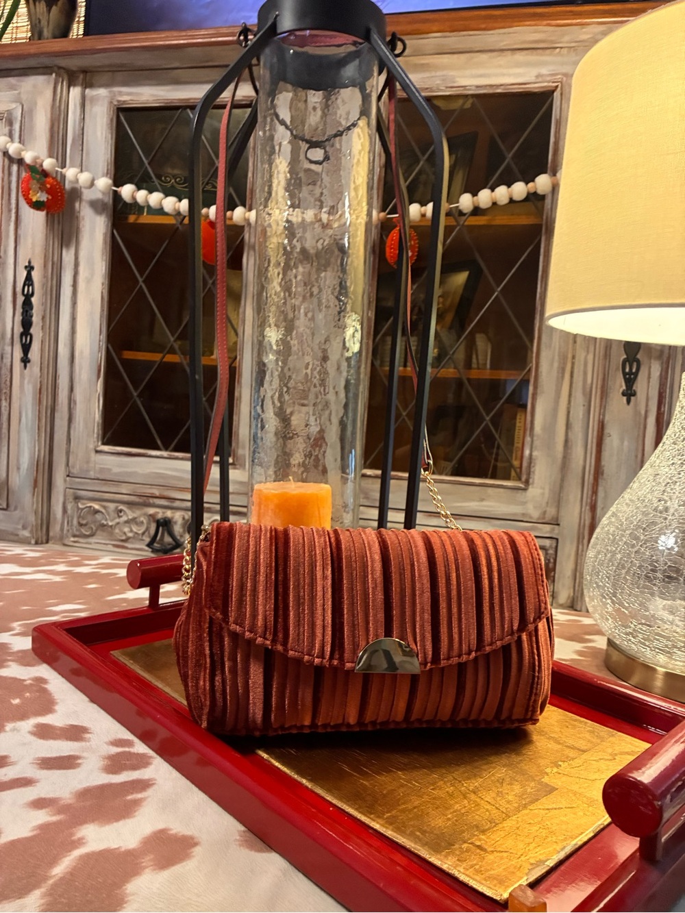 Massimo Velvet Pleated Clutch in Rust Orange
